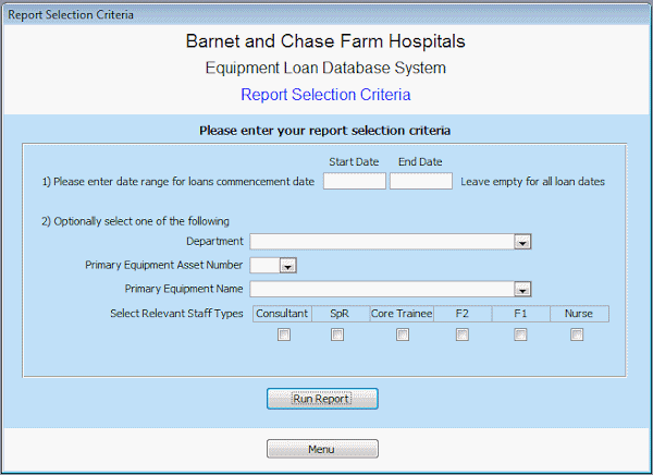 Report Selection Criteria Form