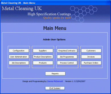 Metal Cleaning UK system developed in Microsoft Access 2003