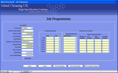 Metal Cleaning UK system developed in Microsoft Access 2003