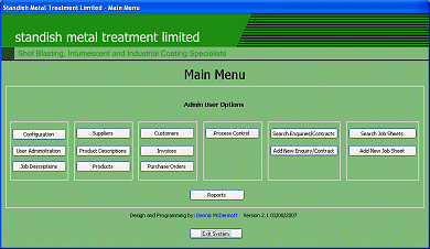 Standish Metal Treatment system developed in Microsoft Access 2003