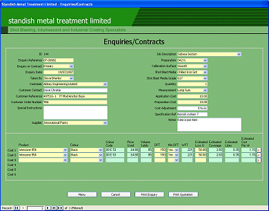 Standish Metal Treatment system developed in Microsoft Access 2003