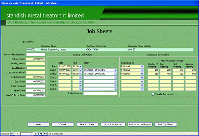 Standish Metal Treatment system developed in Microsoft Access 2003