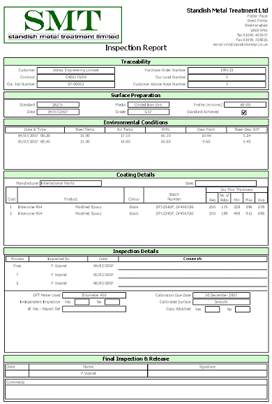 Standish Metal Treatment system developed in Microsoft Access 2003