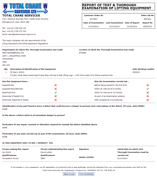 Total Crane Services - Example Certificate